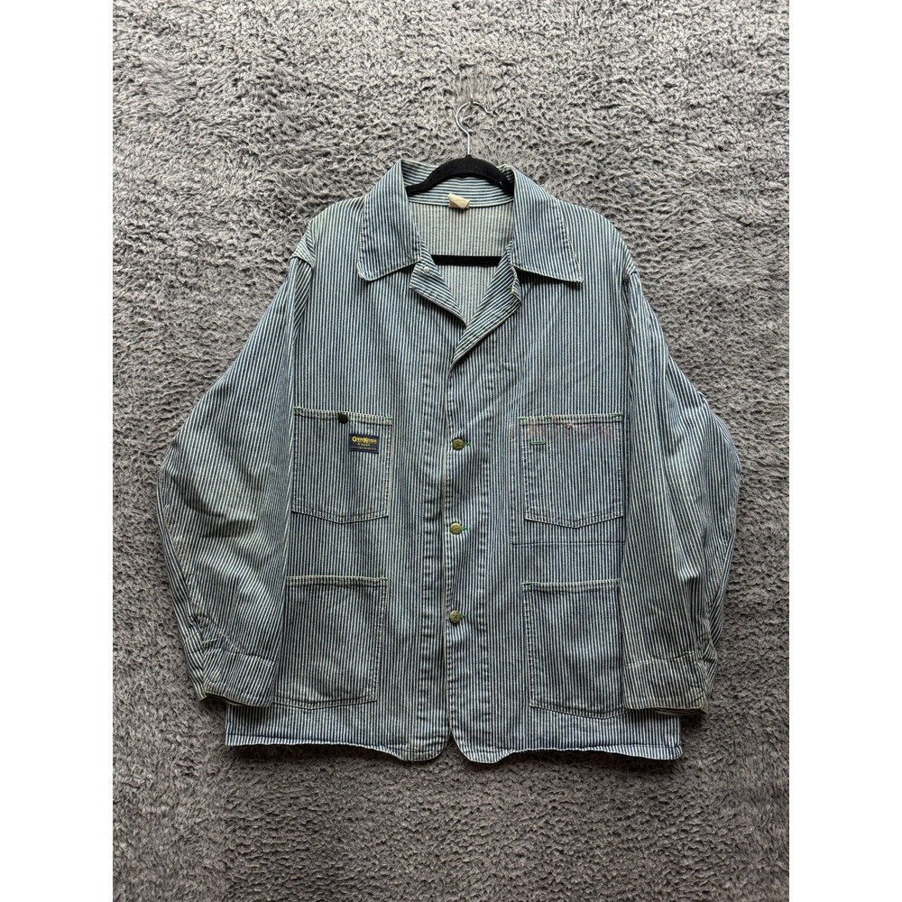 Vintage OshKosh B'Gosh Hickory Stripe Denim Railroad Chore Jacket Mens Size L/XL